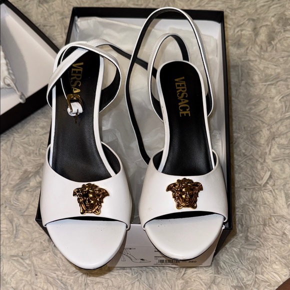 Versace White Heels with Gold Medusa Accent - Picture 1 of 6